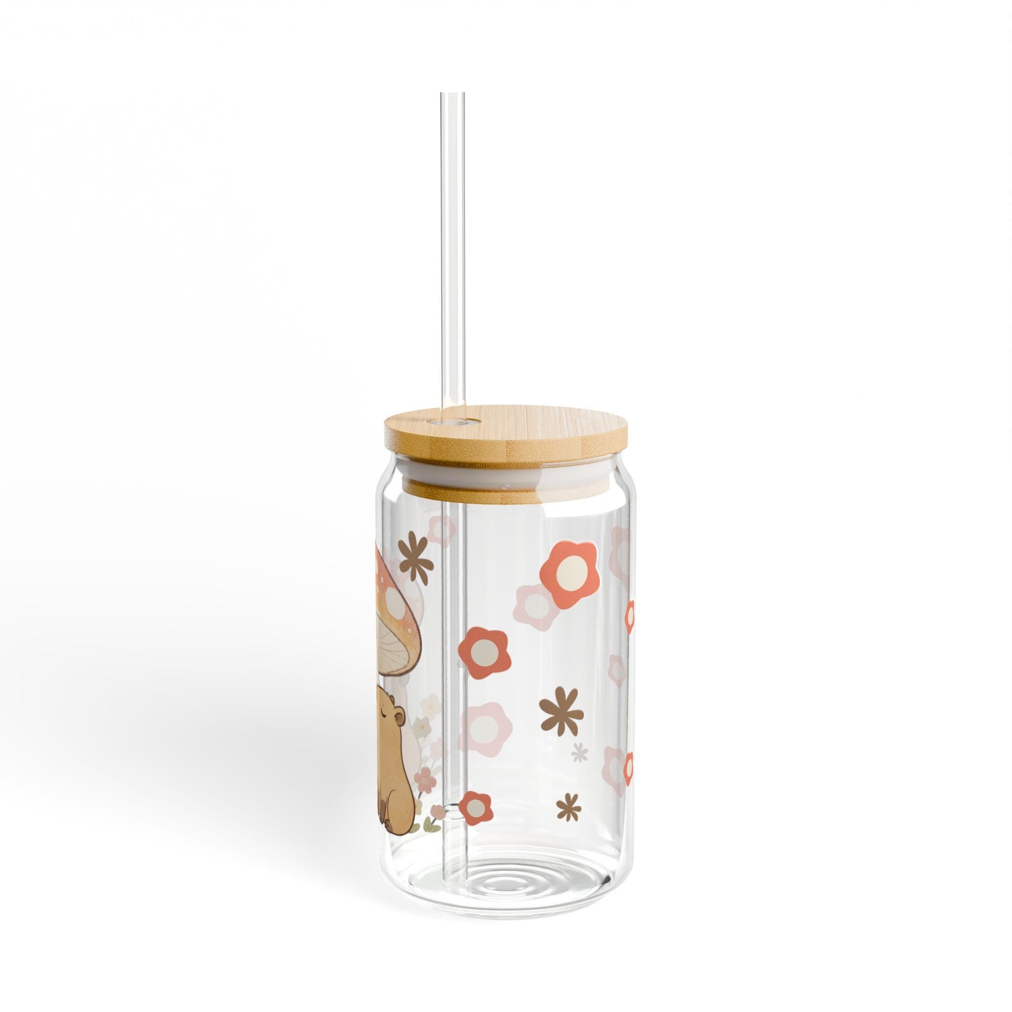 Capybara Kissing Toadstool Sipper Glass, Bamboo Lid & Straw