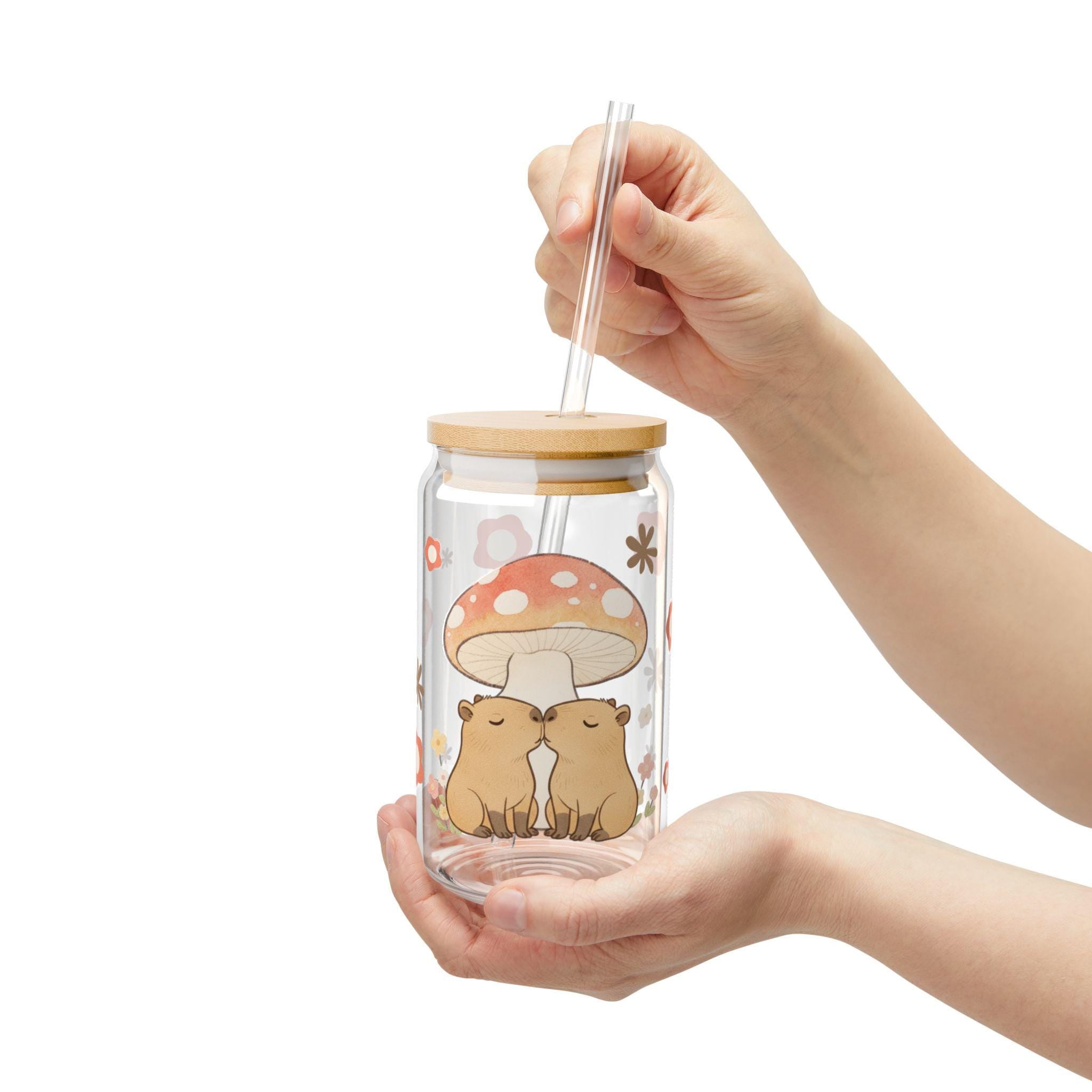 Capybara Kissing Toadstool Sipper Glass, Bamboo Lid & Straw