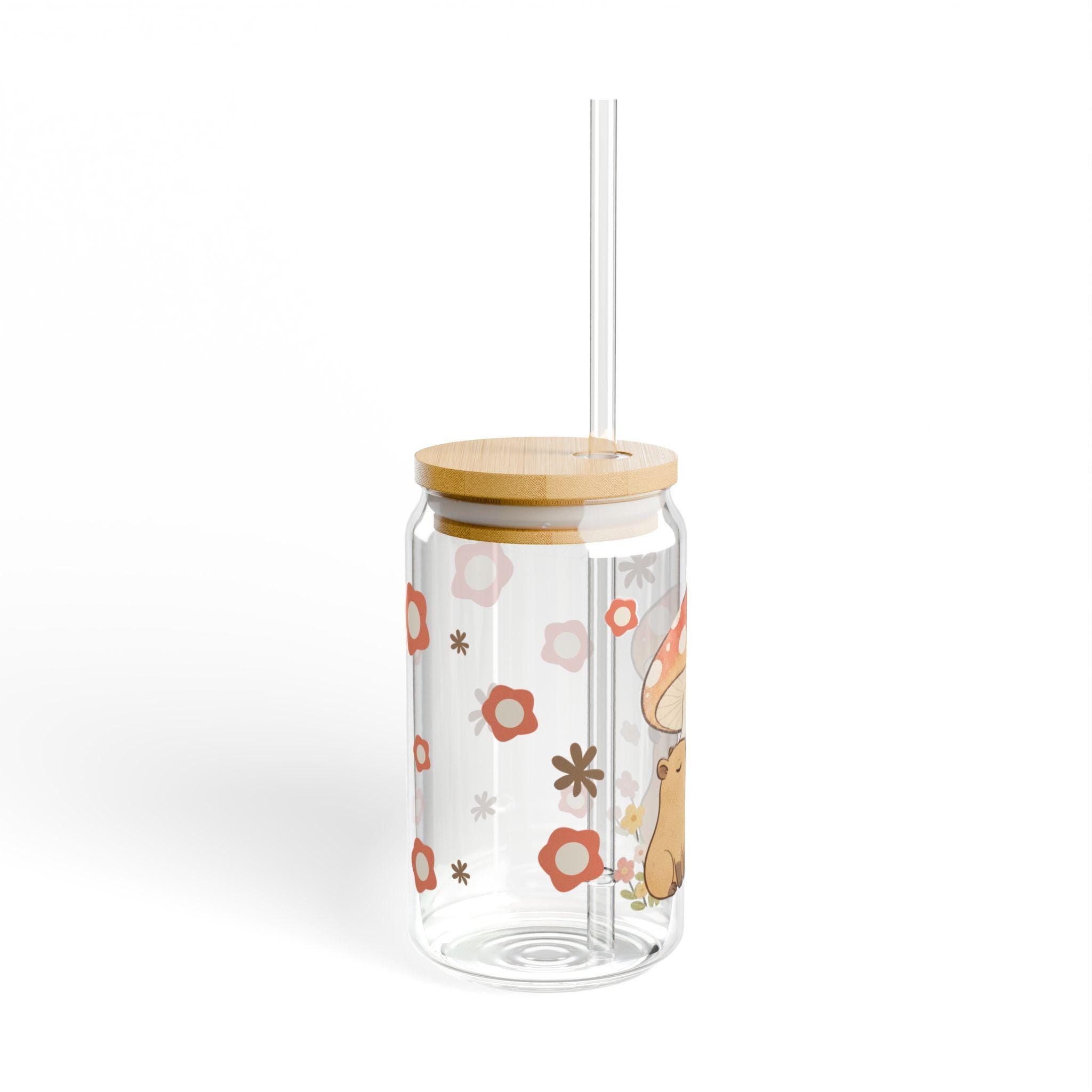 Capybara Kissing Toadstool Sipper Glass, Bamboo Lid & Straw