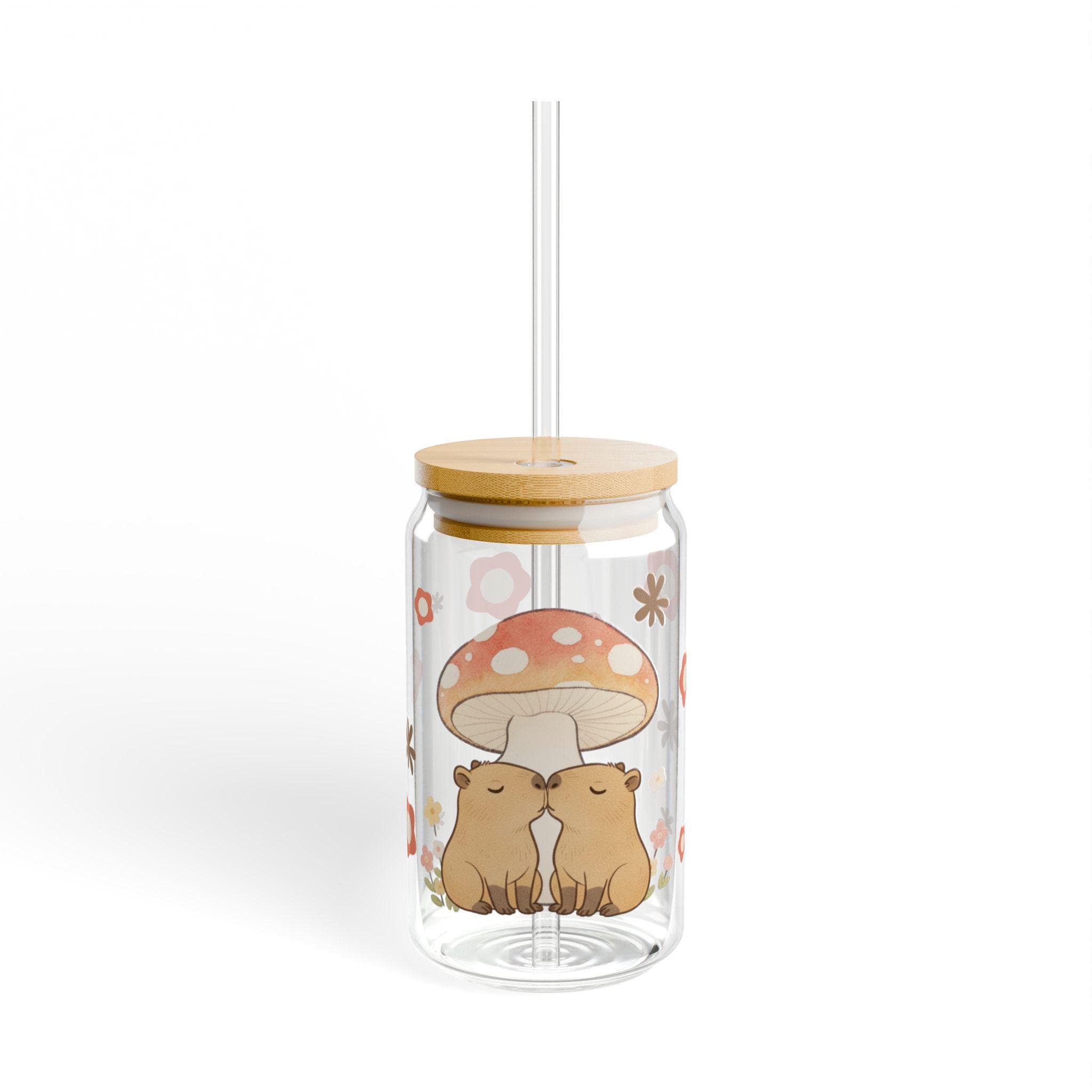 Capybara Kissing Toadstool Sipper Glass, Bamboo Lid & Straw