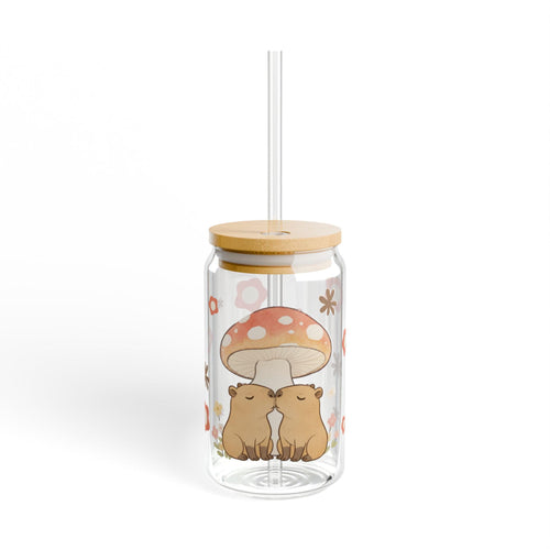 Capybara Kissing Toadstool Sipper Glass, Bamboo Lid & Straw