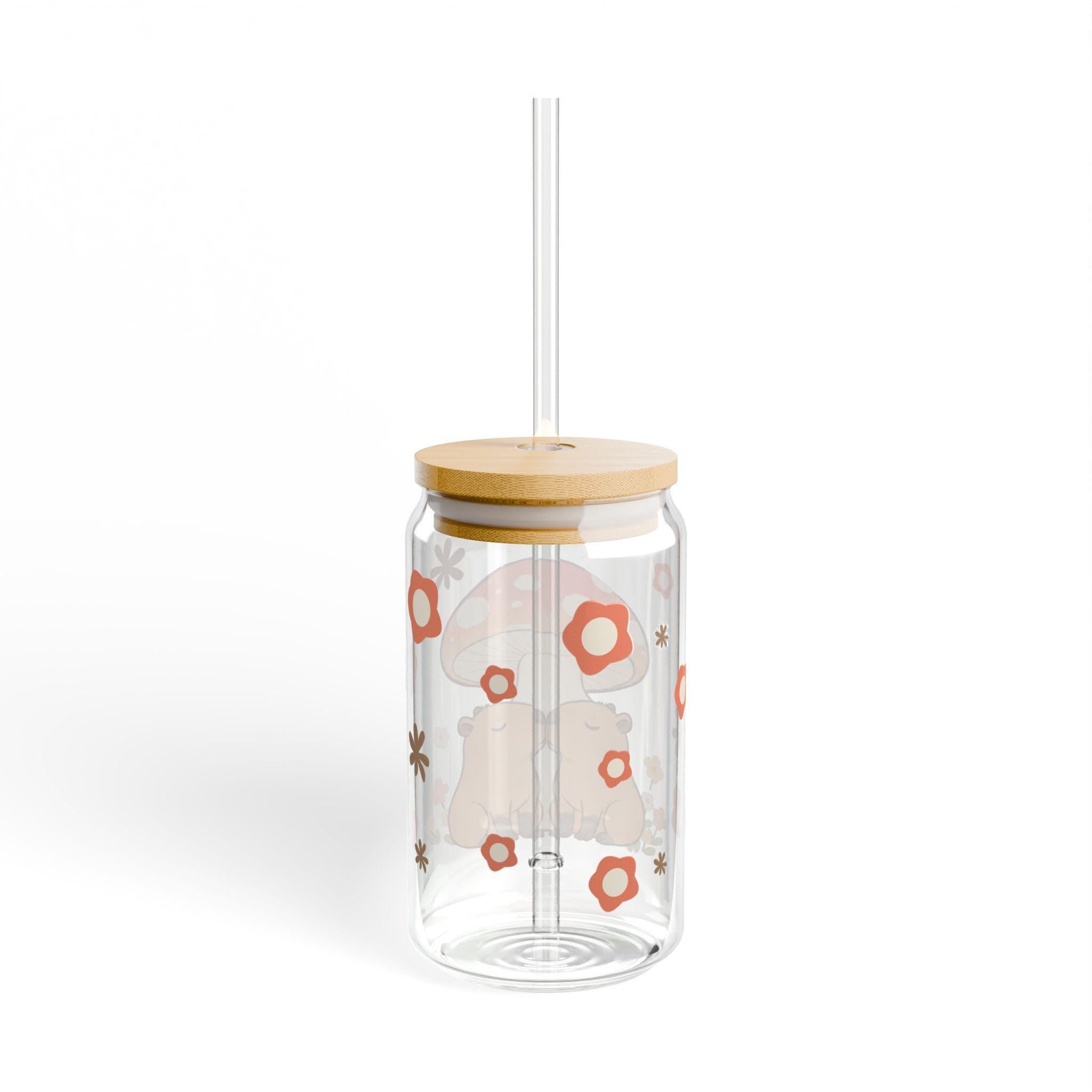 Capybara Kissing Toadstool Sipper Glass, Bamboo Lid & Straw