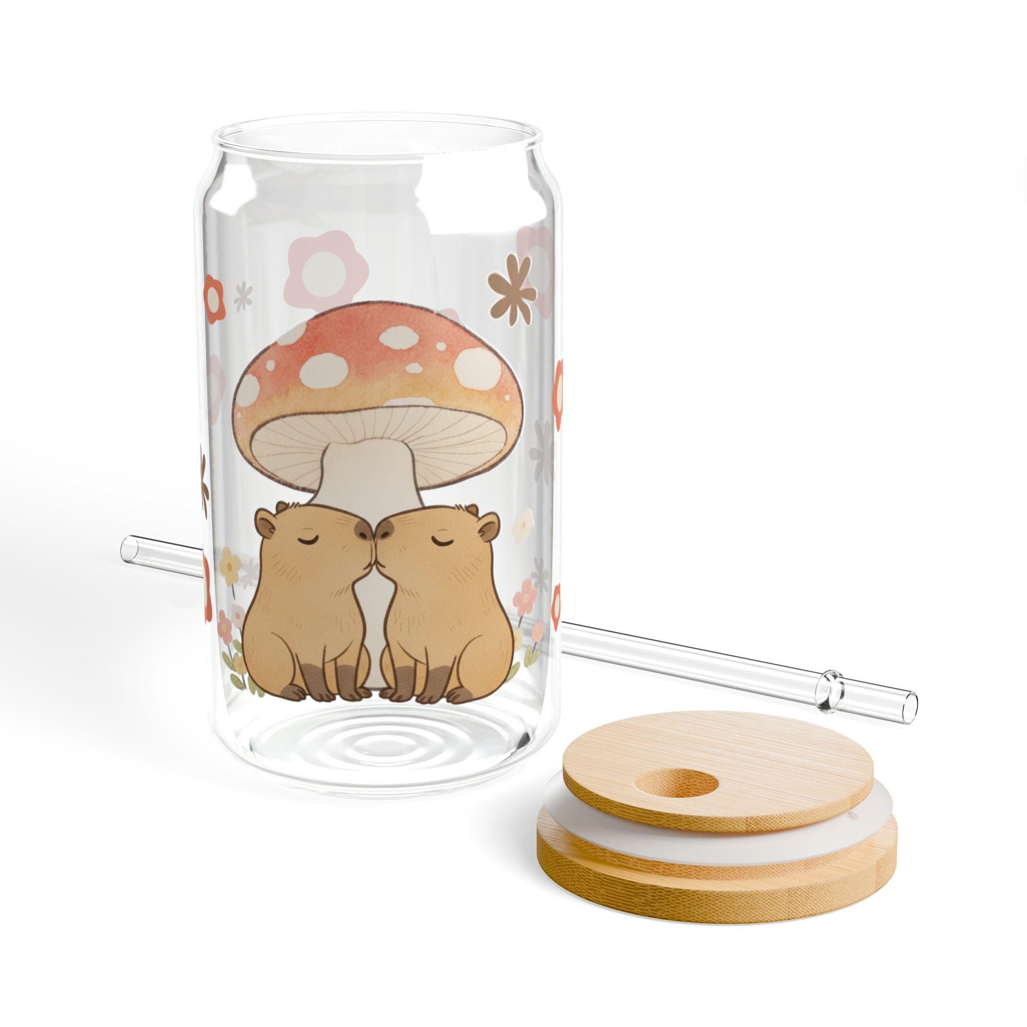Capybara Kissing Toadstool Sipper Glass, Bamboo Lid & Straw