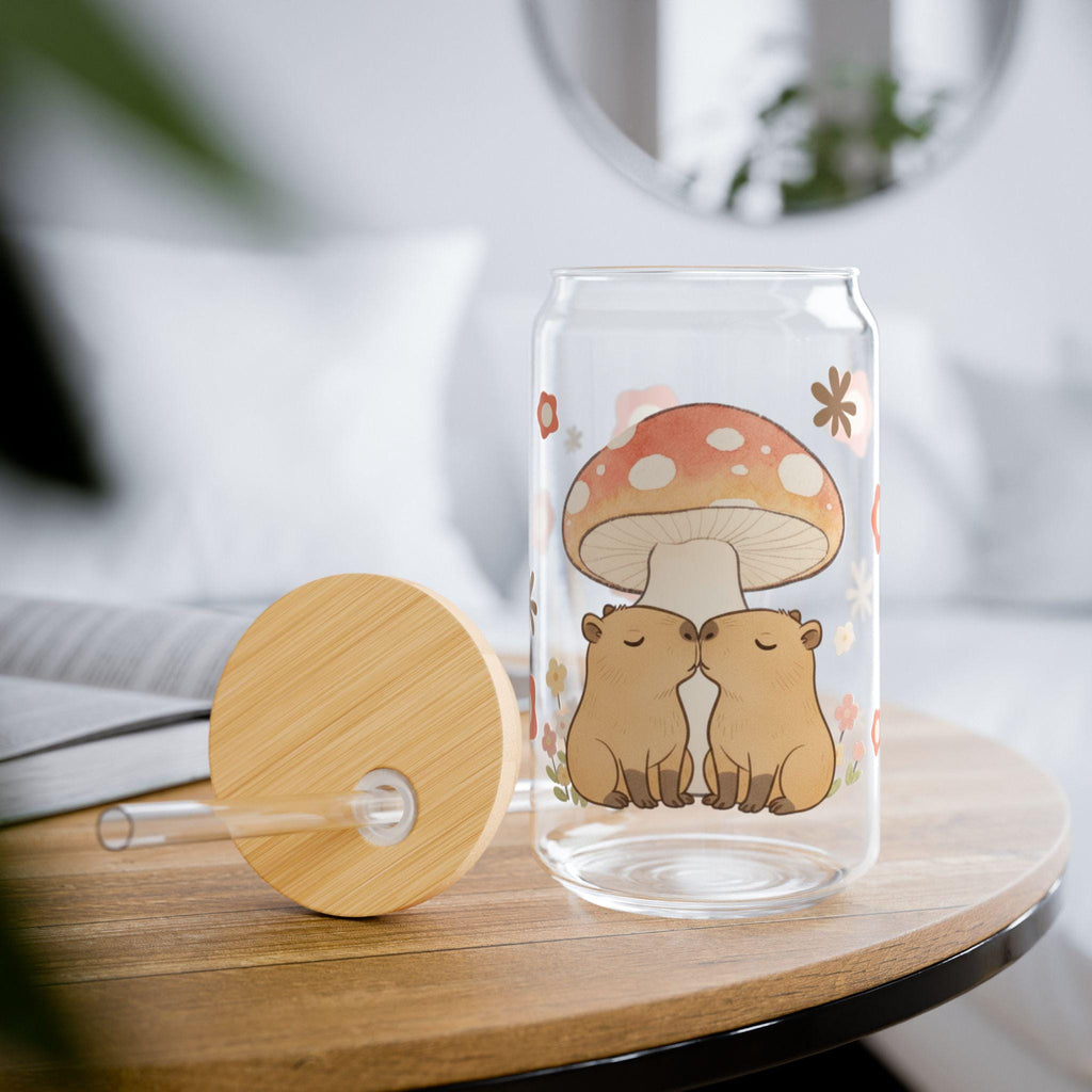 Capybara Kissing Toadstool Sipper Glass, Bamboo Lid & Straw